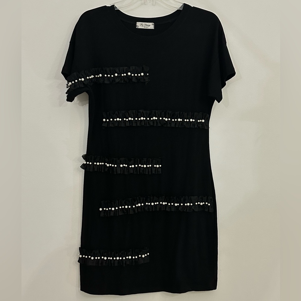 La Diosa Ruffle and Pearls T-Shirt Dress